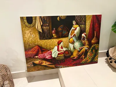 Oriental-style vintage scene oil painting on canvas— excellent condition