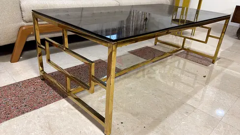 Gold Metal Frame Coffee Table with Dark Glass Top - Modern Design