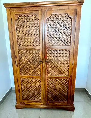 Solid Wood Armoire/Wardrobe with Carved Lattice Doors - Good Condition