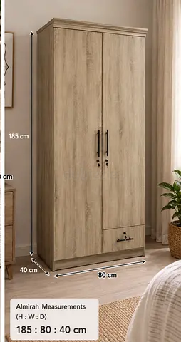 2-Door Wooden Wardrobe with Drawer & Lock – New
