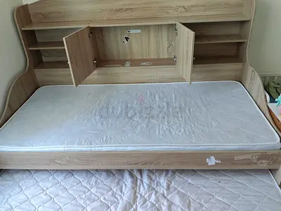Single Bed with Pull-Out Trundle and Storage Headboard (Includes Mattresses)