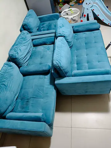Blue velvet 3-seater sofa and single chair set - good condition