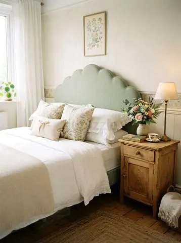 Beige Upholstered Double Bed with Headboard