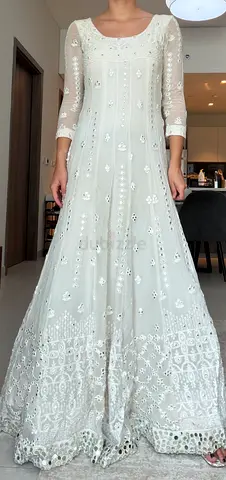 Off-white embroidered long Anarkali Lehenga dress