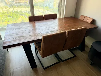 Solid Wood Dining Table with 6 Upholstered Chairs - Good Condition