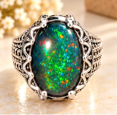 Natural Ethiopian Black Fire Opal 925 Silver Ring خاتم فضة 925 حجر أوبال إثيوبي أسود ناري طبيعي
