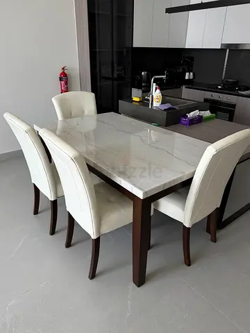 Marble Dining Table + 4 White Chairs