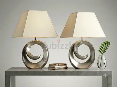 Pair of modern silver spiral table lamps with linen shades solid wood