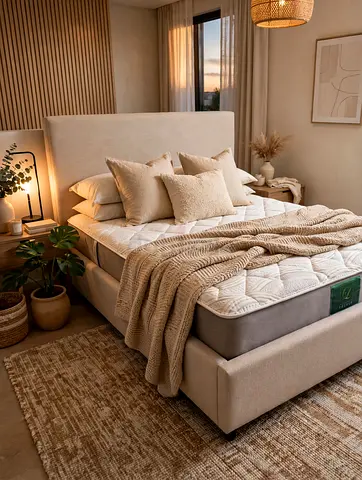 Beige upholstered double bed frame with headboard (good condition)