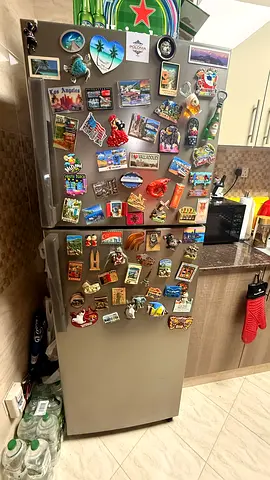 Silver double-door fridge with magnets — good working condition