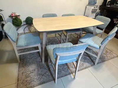 Wooden Dining Table with 6 Upholstered Chairs - Light Oak Finish