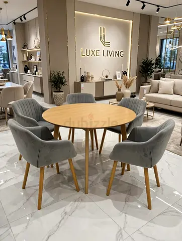 Round Wooden Dining Table with 6 Upholstered Velvet Chairs