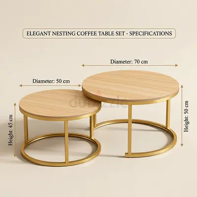 Set of 2 Nesting Round Coffee Tables - Wood Top with Gold Metal Frame