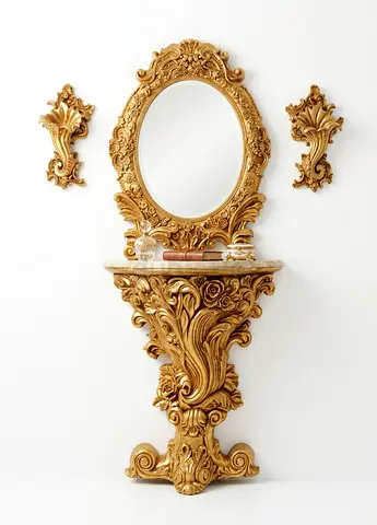 Ornate Gold Wall Console Table with Oval Mirror and wall Sconces - Vintage Style