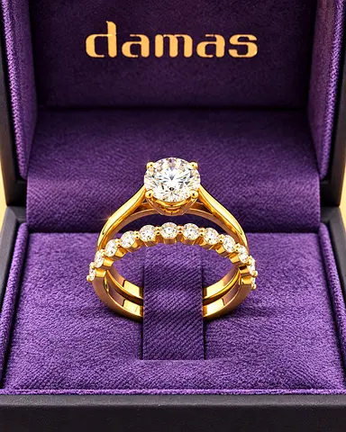 Gold diamond engagement ring set (solitaire 1.5 crate + eternity) in Damas box