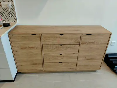 Oak-finish Sideboard with 2 Doors and 4 Drawers