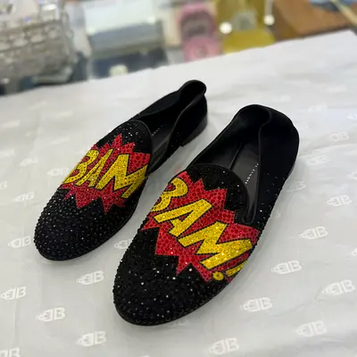 Black embellished loafers with 'BAM' comic design - size available 8.5