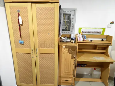 FREE----Used wooden wardrobe with matching study desk and cabinet - light oak set