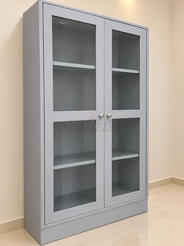 Grey Wooden Display Cabinet with Glass Doors — Good Condition