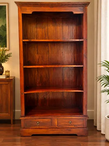 Marina home Solid Wood Open Bookcase / Display Shelf with Drawers - Rustic Finish