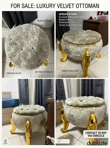 Luxury Crushed Velvet Round Ottoman with Gold Legs