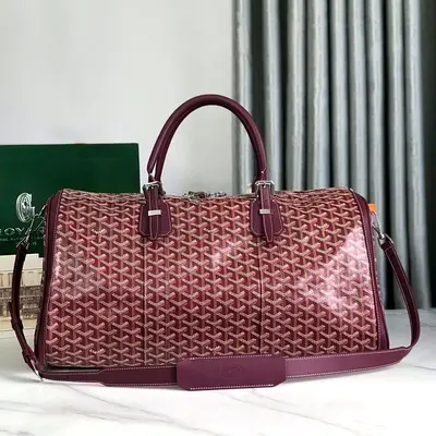 Goyard-style Burgundy Travel Duffel Bag with Shoulder Strap