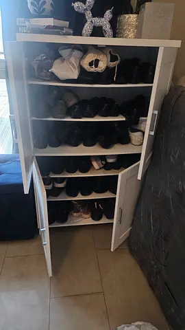 White 6-Shelf Shoe Cabinet with Doors - Good Condition