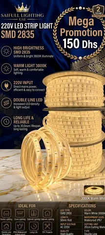 220V SMD 2835 Warm White LED Strip Light - 50 Rolls (High Brightness) waterproof