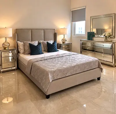 Modern Upholstered King Bed with matress, Side tables Dressing table with mirror & lamps