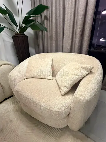 2 Cream boucle round armchair with cushions, 3 seater sofa with cushions,set coffe table