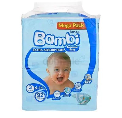 Pack of Bambi Baby Diapers Size 3 (6-11 kg) - 92 pcs, Unopened Mega Pack