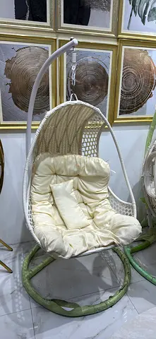 White Rattan Hanging Egg Chair with Cushion