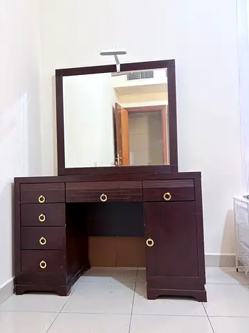 Wooden Dressing Table with Mirror and Drawers - Dark Brown