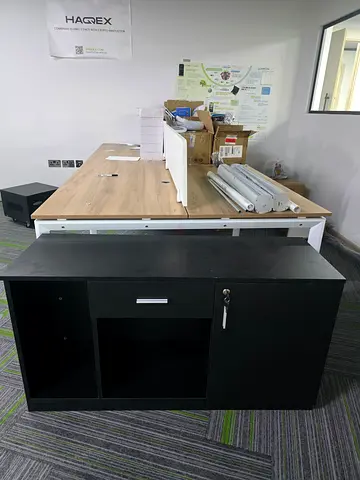 Black office storage cabinet with lock and open shelves - good condition