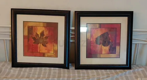 Pair of Framed Leaf Print Wall Art - Brown/Autumn Tones