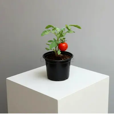 Small Tomato Plant in Pot - Healthy Green Seedling with Fruit