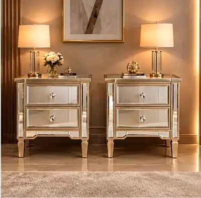 Pair of mirrored bedside tables / nightstands - elegant mirrored finish