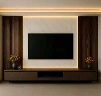 Modern wall-mounted entertainment unit with TV console and backlit panel
