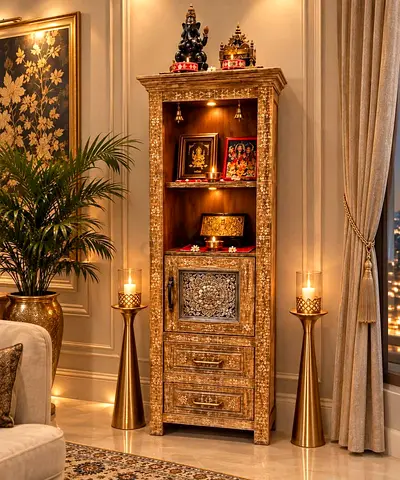 Handcrafted Ornate Wooden Temple/Altar Cabinet with Carved Details