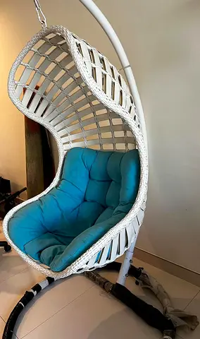 White Wicker Hanging Egg Chair with Blue Cushion - Good Condition.