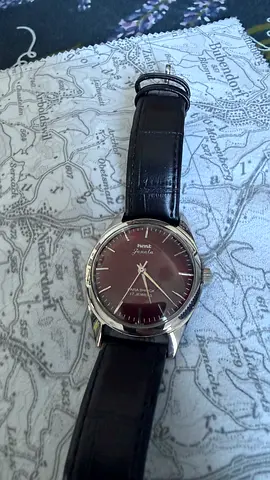 Men's HMT vintage red dial  black leather wristwatch - manual winding