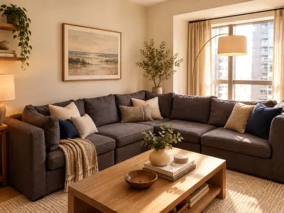 Large L-shaped grey fabric sectional sofa — comfortable family size