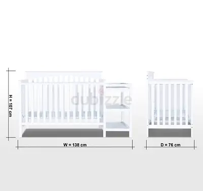 White Convertible Baby Crib with Attached Changing Table - excellent condition