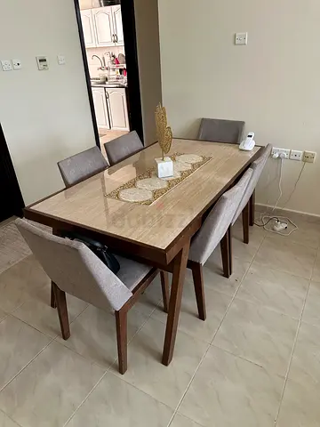 Wooden Dining Table with 6 Upholstered Chairs - Good Condition