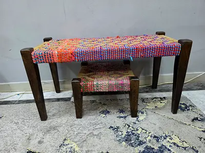 Handwoven Colorful Wooden Bench / Footstool Set - Rustic Accent