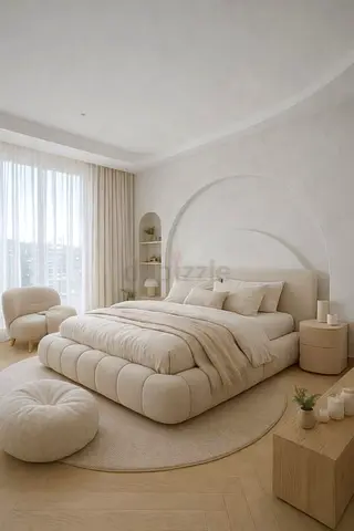 Modern beige upholstered platform bed with padded headboard -