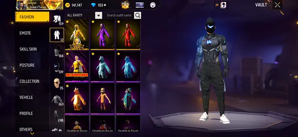 Free Fire account with multiple rare skins and unlocked outfits