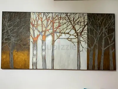 Large Framed Forest Wall Art Painting - Neutral Tones (golden, silver & bronze)