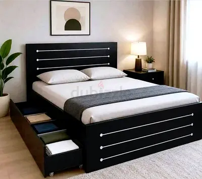 Black Wooden Storage Bed with Headboard and Pull-Out Drawers - Queen Size