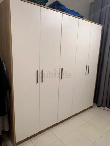 Large 5 Door Wardrobe / Armoire in White and Wood Finish